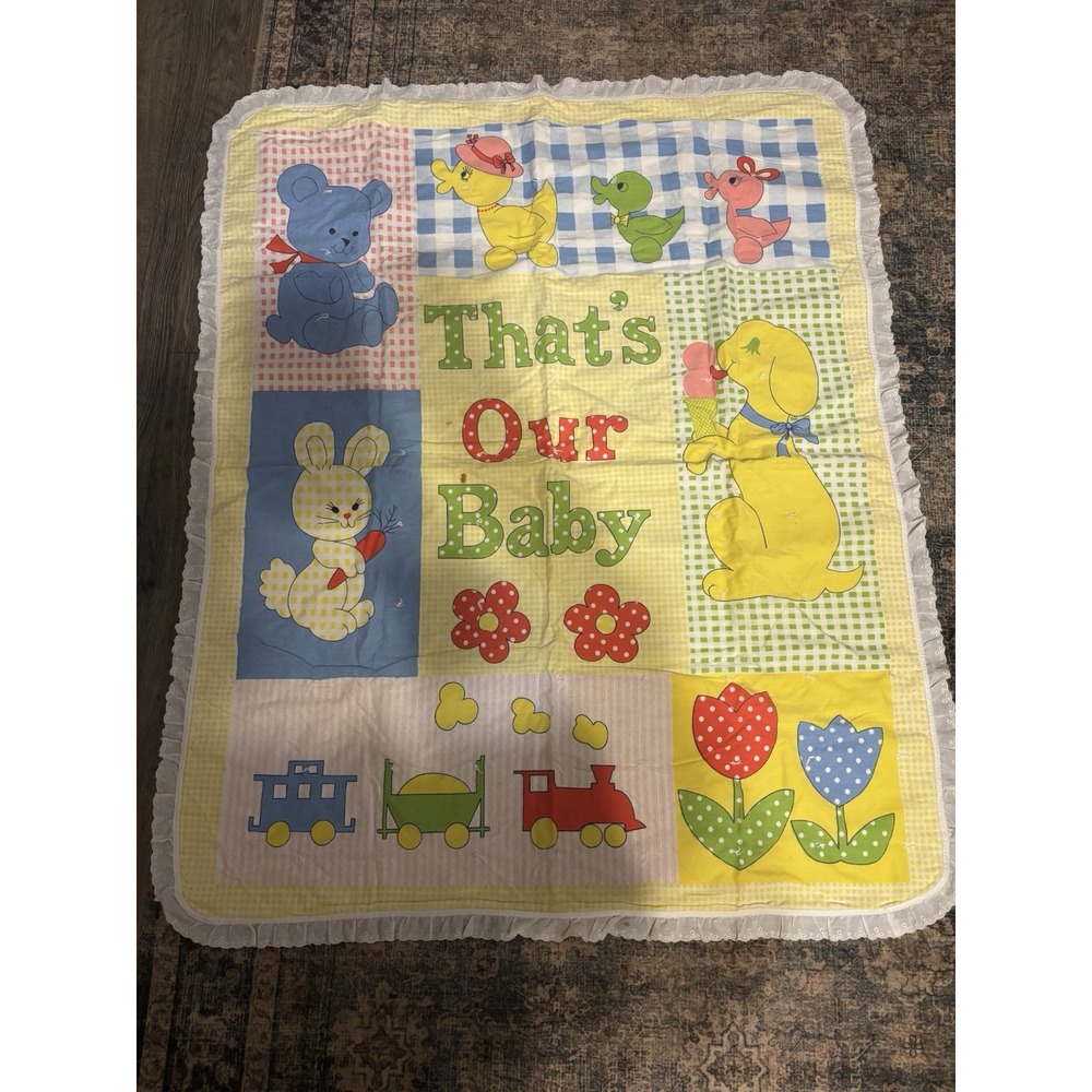 Vtg 80s‎ "That's Our Baby" Crib Blanket Teddy Bear Duck Blocks Bunny 43" X 36"
